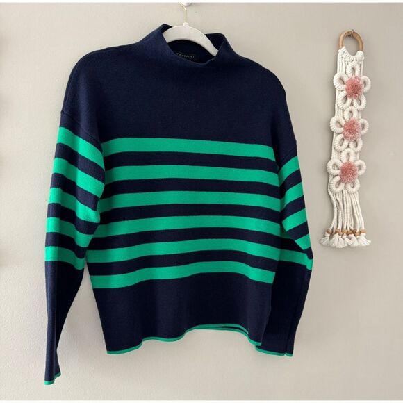Tahari Striped Mock Neck Pullover Sweater Green Navy Blue Stylish Size Large - Picture 4 of 6